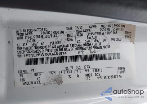 2012 Ford E-250 Commercial from USA, damaged, VIN 1FTNE2EWXCDA51874